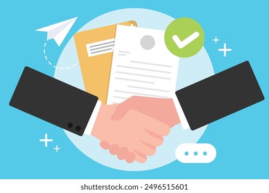 Business people shaking hand in front of document, partnership concept, handshake, document approve. Successful contract cooperation, Business concept.