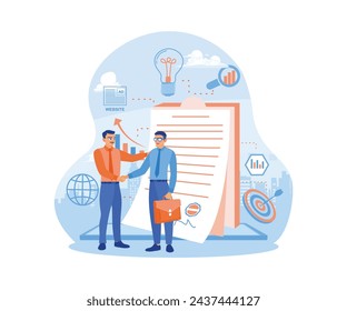 Business people are shaking hands after signing a contract. Make a collective work agreement. Contract agreement concept. Flat vector illustration.