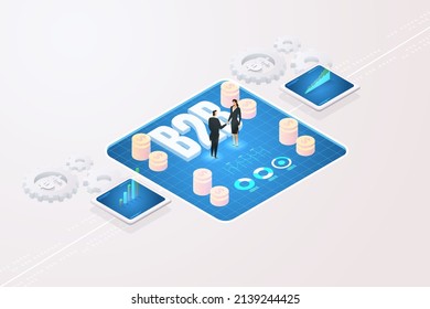 Business people shaking hands B2B Business-to-Business Selling Technology Marketing Internet  Networking business data analysis. Isometric vector illustration