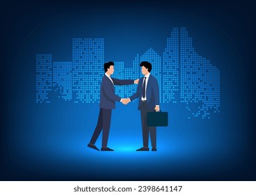 business people shaking hands Behind is a city. Agreeing to do business together to expand the customer base and expand the market around the world. The company is growing and making more profits.