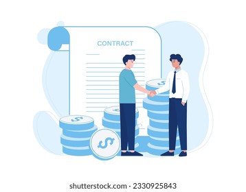 Business people shaking hands with contract papers and dollars trending concept flat illustration