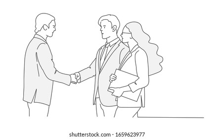 Business people shaking hands during meeting. Hand drawn vector illustration.