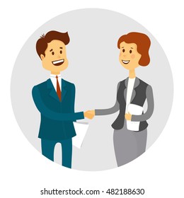 Business people shaking hands, finishing up a meeting.Flat cartoon style vector illustration