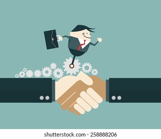 Business people shaking hands and business man  ride on gear wheel. Vector illustration business solution concept. 