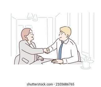 Business people shaking hands at meeting. Hand drawn style vector design illustrations.