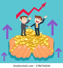 Business people shaking hands on stack of gold coins, illustration vector cartoon