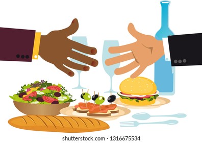 Business people shaking hands over a dinner table representing a business lunch or a networking event, EPS 8 vector illustration	