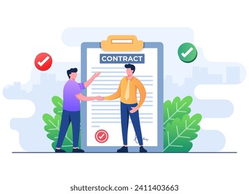 Business people shaking hands over contract, Signed paper deal contract flat illustration vector banner, Business agreement, Startup contract, suitable for website banner, landing page