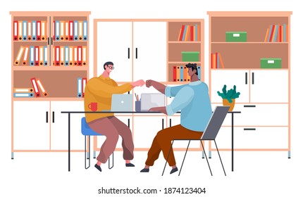 Business people shaking hands, reached agreement. Partnership and cooperation in business, happy businessmen made a good transaction. Partners on deal meeting at a table do handshake in flat design