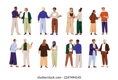Business people shaking hands set. Agreement, trust, cooperation concept. Greeting gesture, handshake of businessmen, businesswomen. Flat graphic vector illustrations isolated on white background