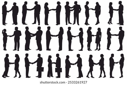 Business people shaking hands silhouettes. Agreement, trust, cooperation concept. Greeting gesture, handshake of different businessmen, businesswomen. handshake silhouette. 