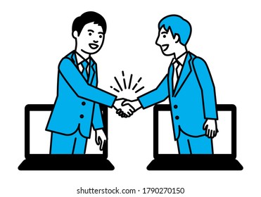 Business people shaking hands through laptop. Vector illustration.