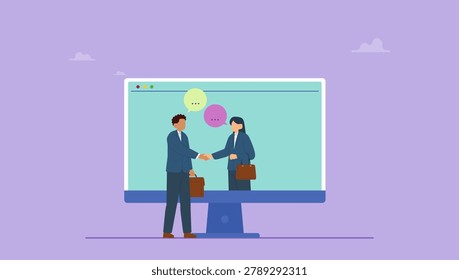 Business people shaking hands through the computer. Business communications or contract agreements, globalization and teamwork concept.