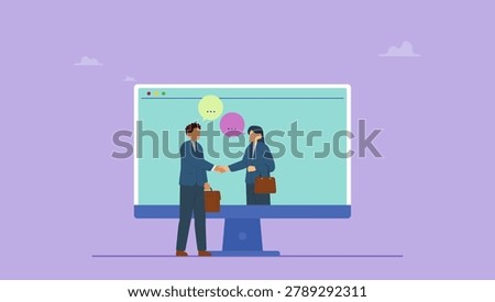 Business people shaking hands through the computer. Business communications or contract agreements, globalization and teamwork concept.
