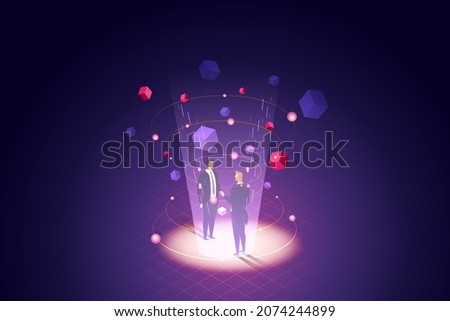 Business people shaking hands at virtual technology metaverse for Future Businesses and Digital Devices. isometric vector illustration.