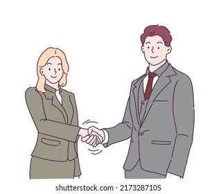 Business people shaking hands. Young modern man and woman in smart casual wear shaking hands. Hand drawn in thin line style, vector illustration.