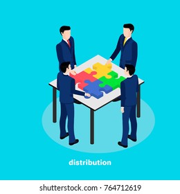 Business People Share The Puzzle Lying On The Table, The Image Is Isometric Style