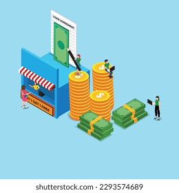 Business people with shop and loan agreement sitting on money 3d isometric vector illustration concept for banner, website, landing page, ads, flyer template