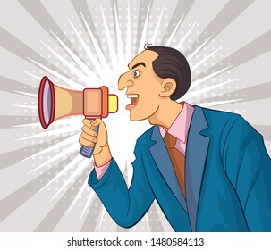 Business people shout loudly at the megaphone.Retro cartoon style illustrations.The image is separate from the background.