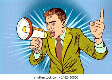 Business people shout loudly at the megaphone.Retro cartoon style illustrations.The image is separate from the background.