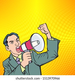 Business people shout loudly at the megaphone.Retro cartoon style illustrations.The image is separate from the background.