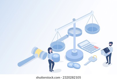 Business people showing activities related to finance and law legal elements, management, finance, investment, assets. Isometric 3D vector design illustration with copy space.