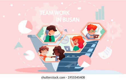 Business people showing joint teamwork, concept banner with text team work in Busan modern city