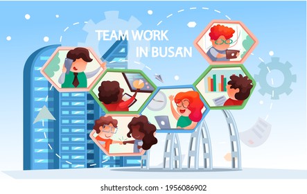 Business people showing joint teamwork, concept banner with text team work in Busan modern city