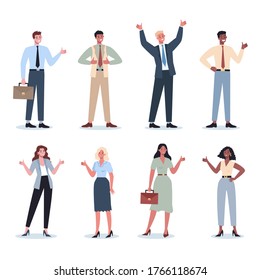 Business people showing a sign of OK. Female and male characters with agreement sign. Business worker smile with approval. Successful employee, achievement concept. Flat vector illustration