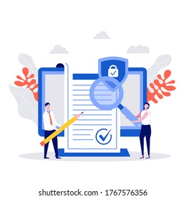 Business people sign contract concept. Characters checking agreement. Corporate document data protection, terms and conditions and privacy policy concept. Modern vector illustration in flat style.