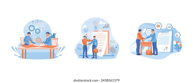 Business people signed contract documents online. Shaking hands after signing a contract. Making a mutual agreement. Contract agreement concept. Set flat vector illustration.