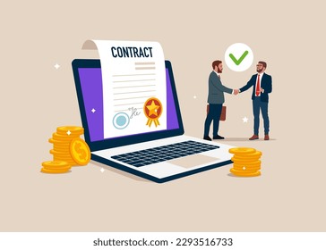 Business people signing agreement, legal document or contract online. Digital signature. Vector illustration