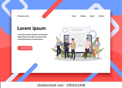 Business people signing contract with electronic signature vector illustration. Employees achieving formal agreement. People signing business documents with electronic signature