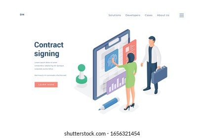 Business People Signing Contract Online. Isometric Businesswoman Submitting Fingerprint Scan Over Clipboard With Contract While Standing Near Partner On Website Banner