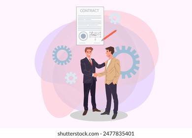 Business people signing contract vector illustration. Businessmen shaking hands after signing agreement. Partnership, business cooperation concept