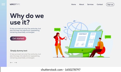 Business people signing online contract with electronic sign vector illustration. Managers reaching official agreement. Formal documents, online contract
