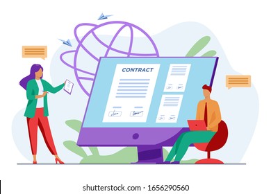 Business people signing online contract with electronic sign vector illustration. Managers reaching official agreement. Formal documents, online contract