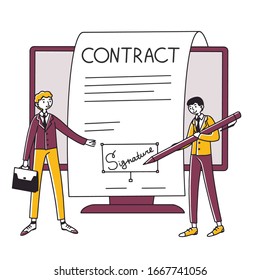 Business people signing online contract with electronic signature vector illustration. Managers signing digital official paper. People reaching formal agreement.