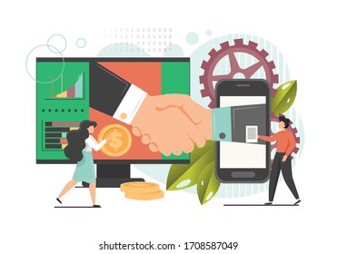 Business People Signing Online Contract Using Desktop Computer Mobile Phone, Shaking Hands, Vector Flat Illustration. Virtual Business Agreement, Successful Partnership Handshake, Online Communication