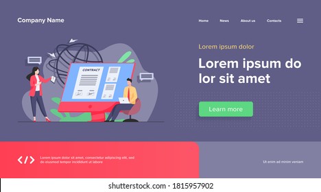 Business people signing online contract with electronic sign vector illustration. Managers reaching official agreement. Formal documents, online contract