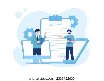 Business people signing online contract with electronic sign trending concept flat illustration