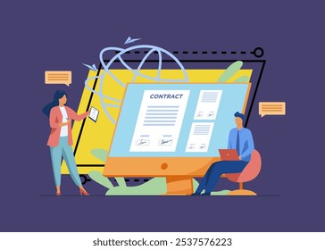 Business people signing online contract with electronic sign vector illustration. Managers reaching official agreement. Formal documents, online contract