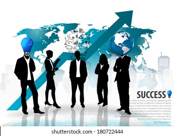 Business people silhouettes with building background. Vector illustration.