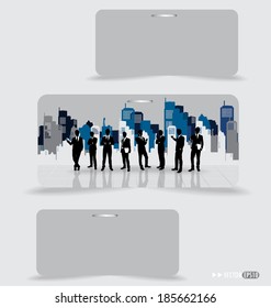 Business people silhouettes with building background. Vector illustration.
