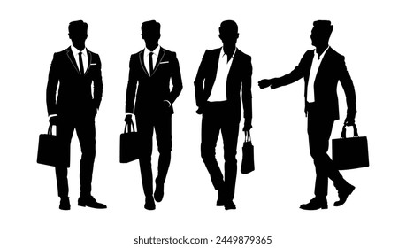 siluetas de hombres de negocios. Los empresarios están de pie con diferentes posturas.  Ilustración alegre confiada del carácter del hombre de negocios. siluetas del Vector de los hombres de negocios aisladas en fondo blanco.