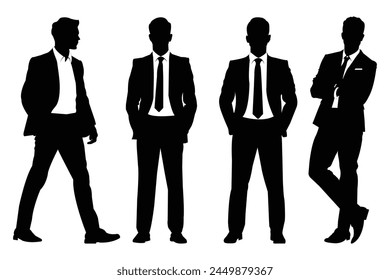 siluetas de hombres de negocios. Los empresarios están de pie con diferentes posturas.  Ilustración alegre confiada del carácter del hombre de negocios. siluetas del Vector de los hombres de negocios aisladas en fondo blanco.