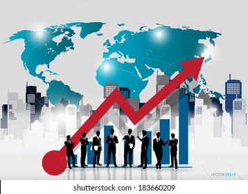 Business people silhouettes with graph and building background. Vector illustration.