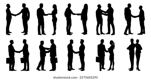 Business People Silhouettes – Handshakes, Discussions, and Deal Making Illustrations