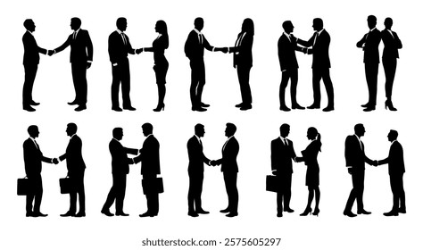 Business People Silhouettes – Handshakes, Discussions, and Deal Making Illustrations