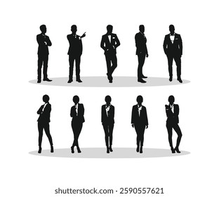 Business People Silhouettes. Man and woman lawyer model wearing suits silhouette bundle. Male and female counselor standing silhouette collection. 
